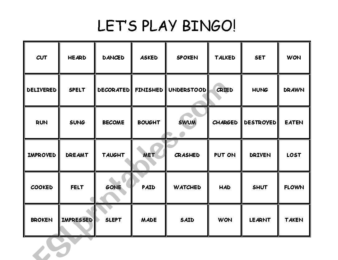 Past Participle Bingo worksheet