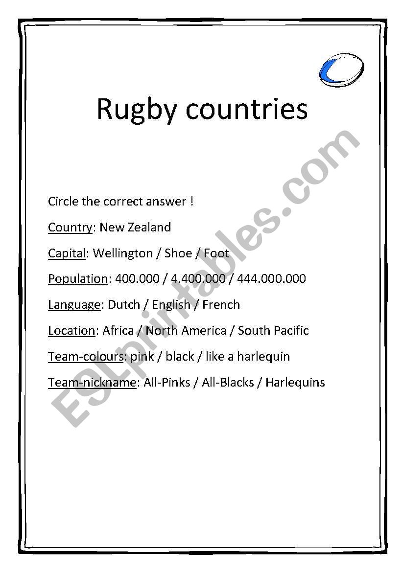 Rugby countries worksheet
