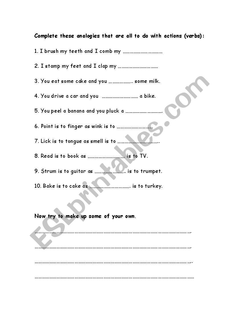 action analogies worksheet