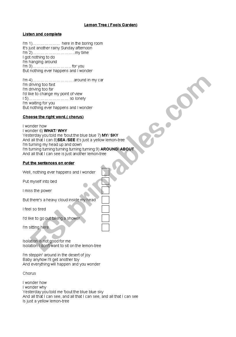 Lemon Tree song worksheet