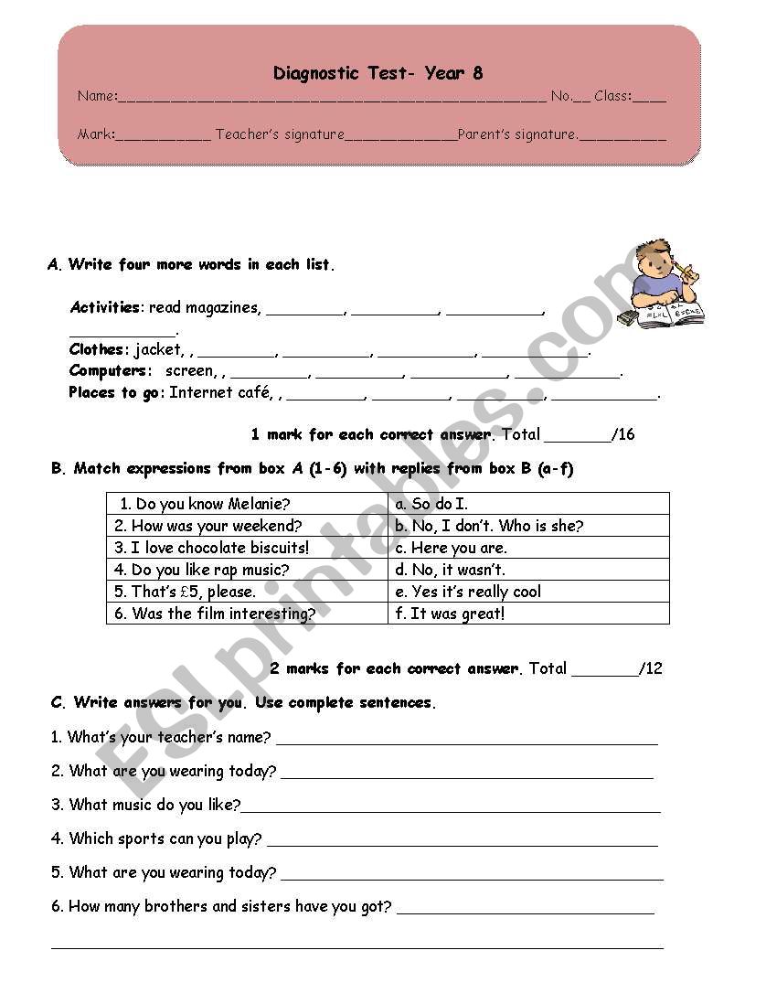 Diagnostic/placement Test worksheet