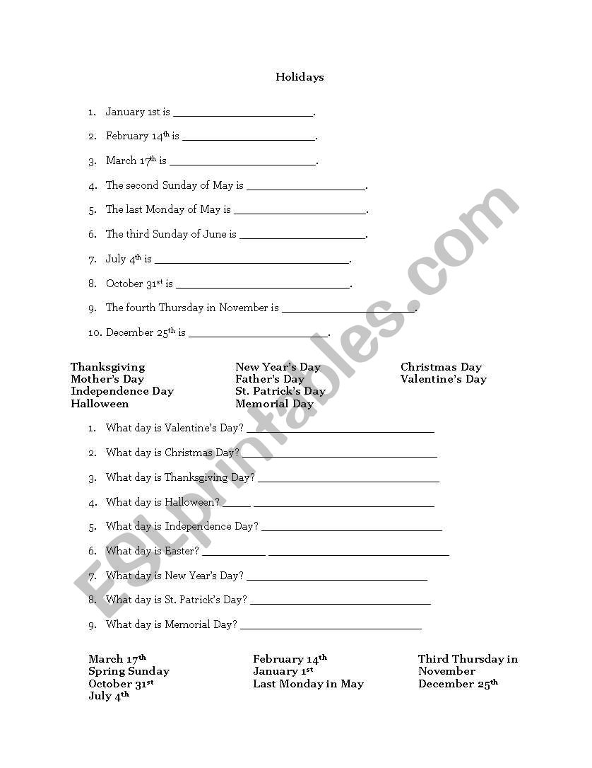 Holidays and Dates worksheet