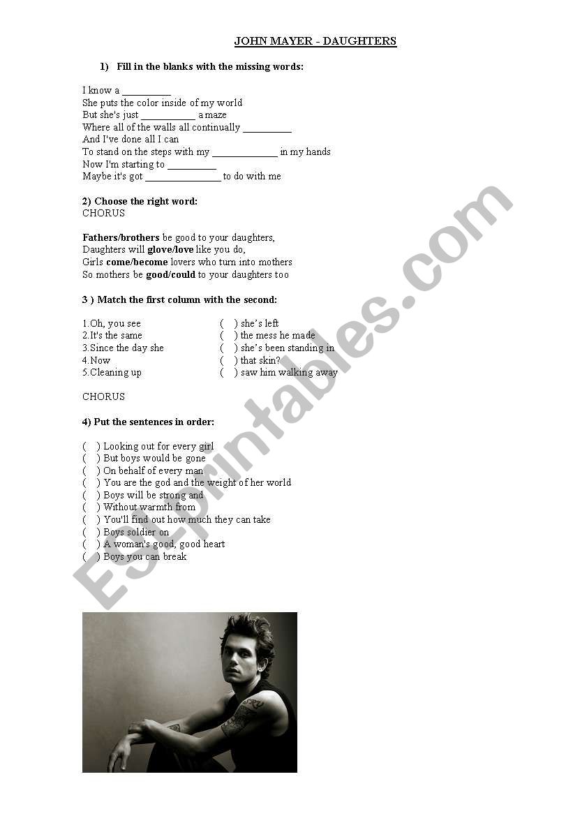 John Mayer - Daughters worksheet