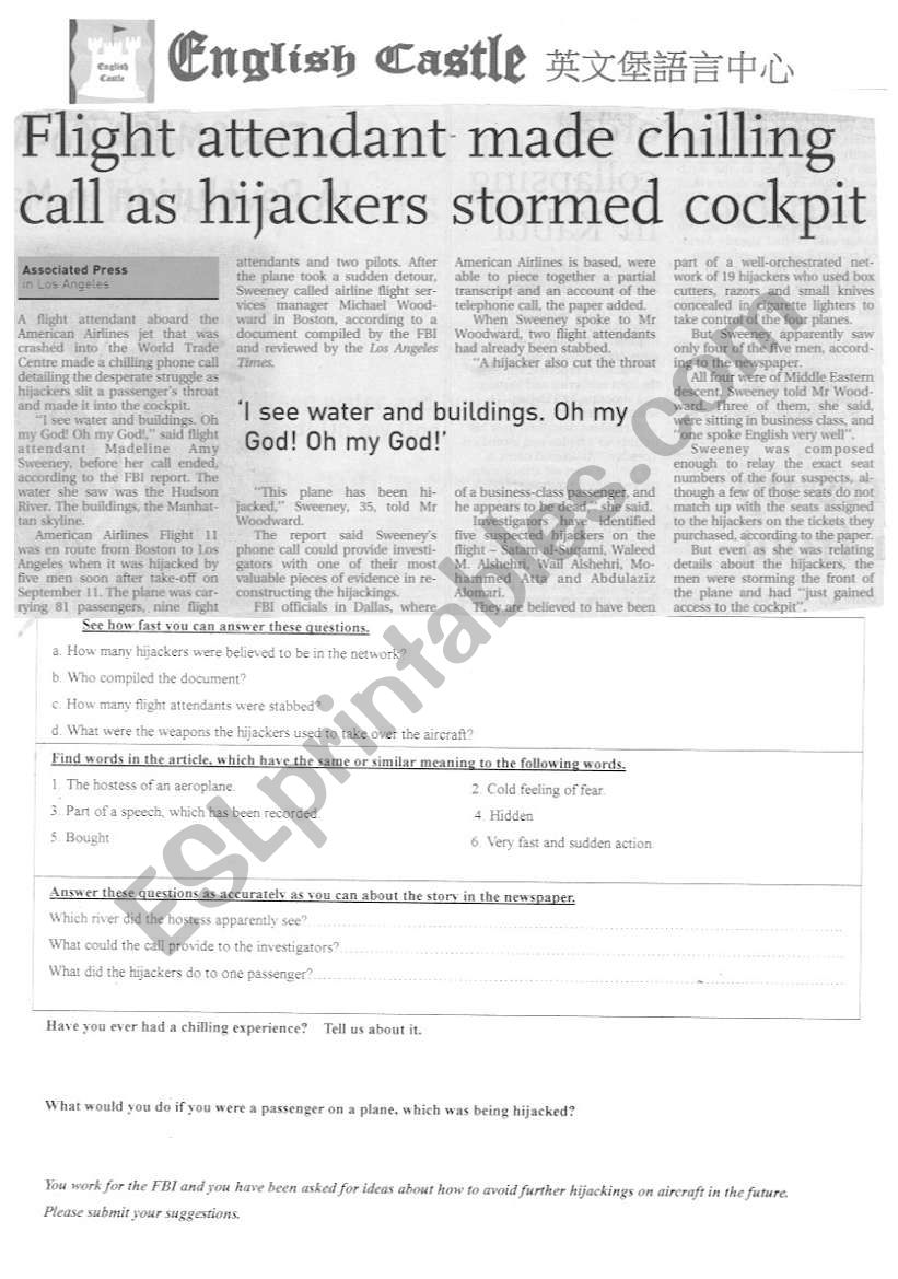 911 Attack on America worksheet