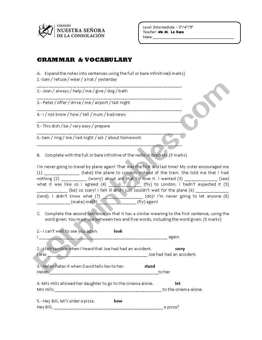 INFINITIVE AND GERUNDS worksheet