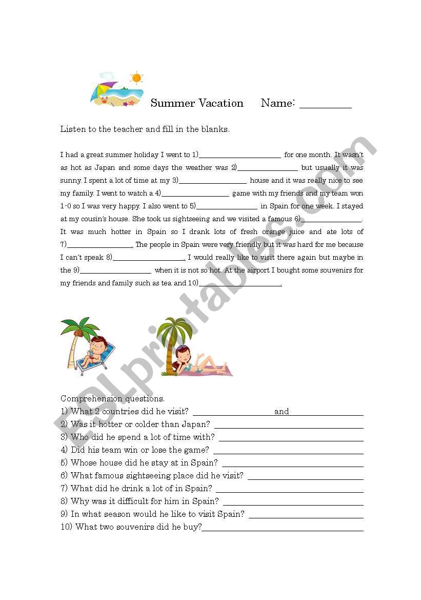 Summer holidays worksheet