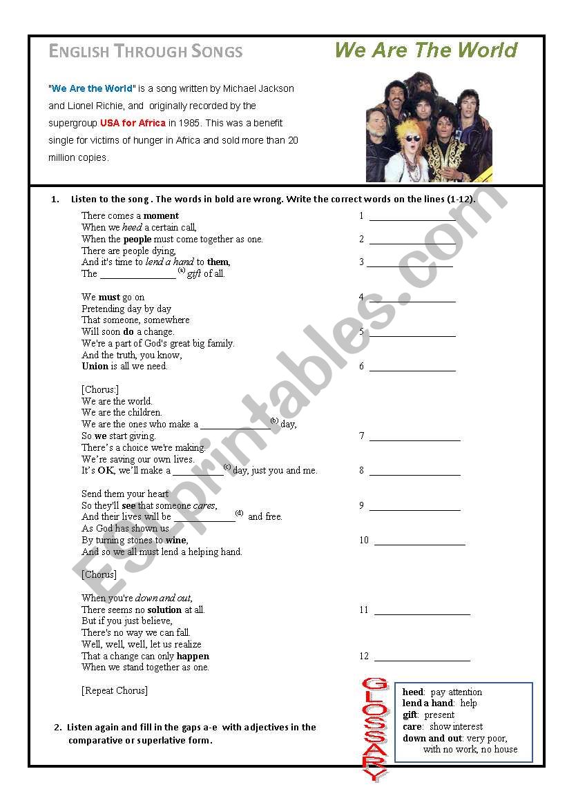 English through songs 4 worksheet