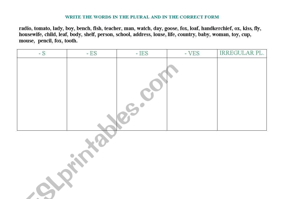 plural of nouns worksheet