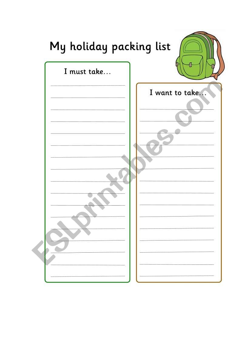 My holiday packing list worksheet