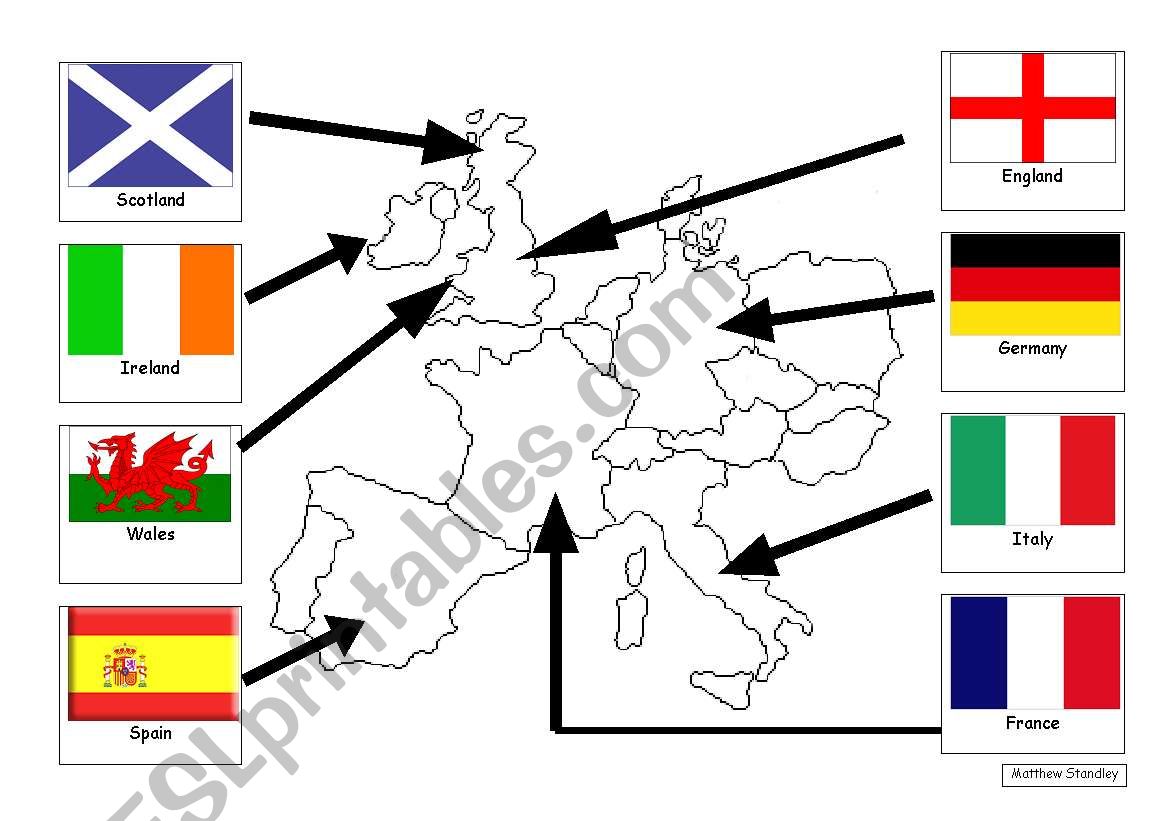 Simple NW Europe map with flags and names