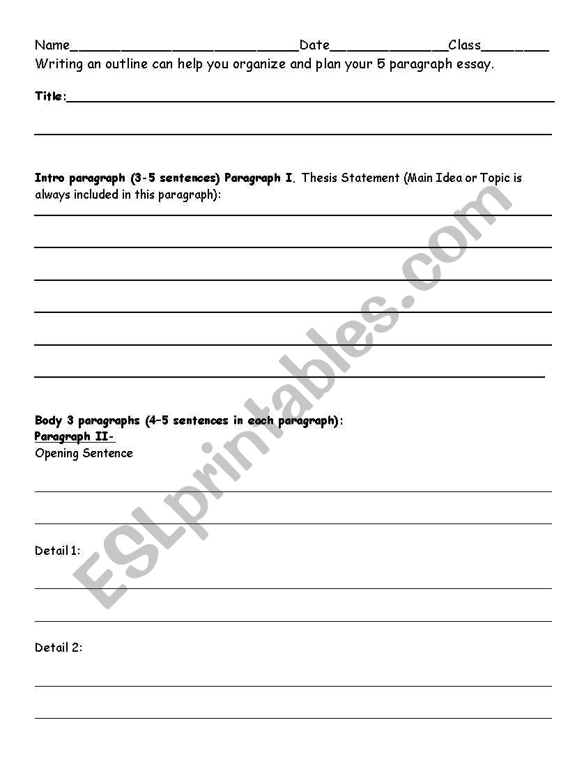 Five Paragraph Essay Outline worksheet