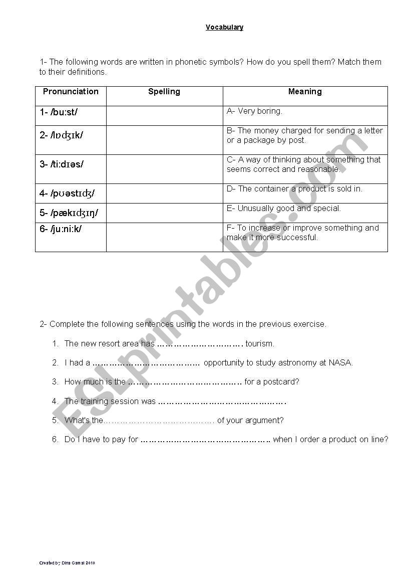 Vocabulary worksheet