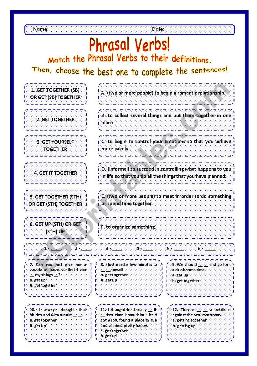 > Phrasal Verbs Practice 53! > --*-- Definitions + Exercise --*-- BW Included --*-- Fully Editable With Key!