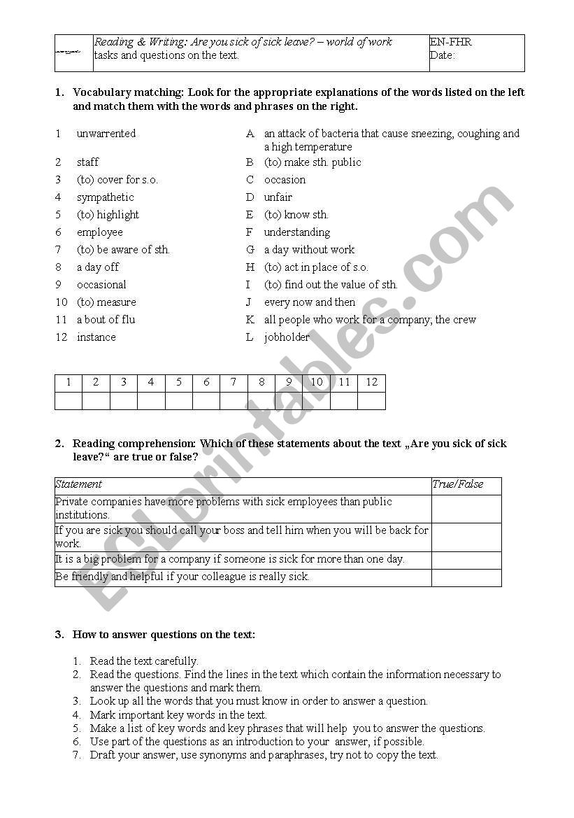 Are you sick of sick leave? - reading and comprehension taks