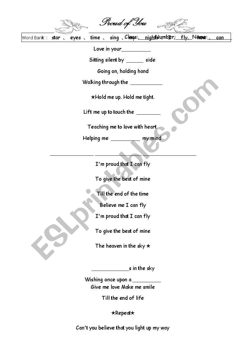 Proud of you lyrics worksheet