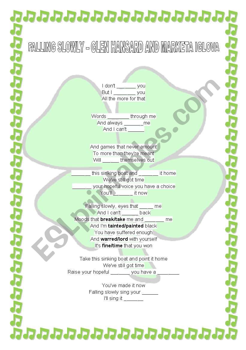 FALLING SLOWLY GLEN HANSARD MOVIE THEME ONCE WORKSHEET