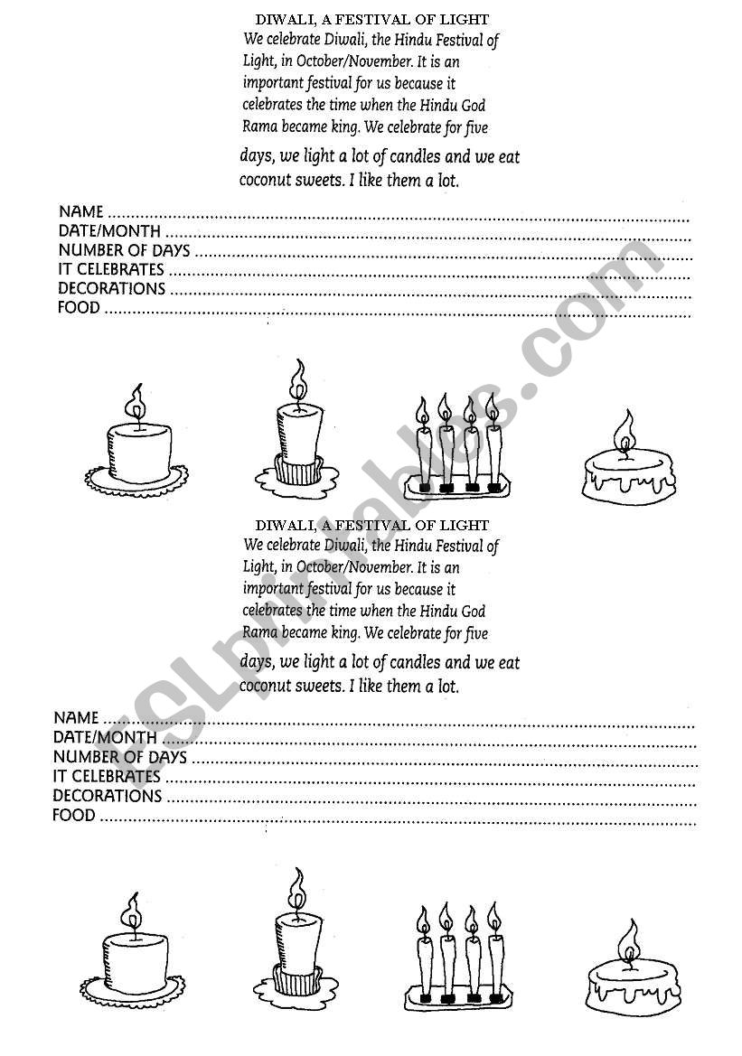 DIWALI, A FESTIVAL OF LIGHT worksheet