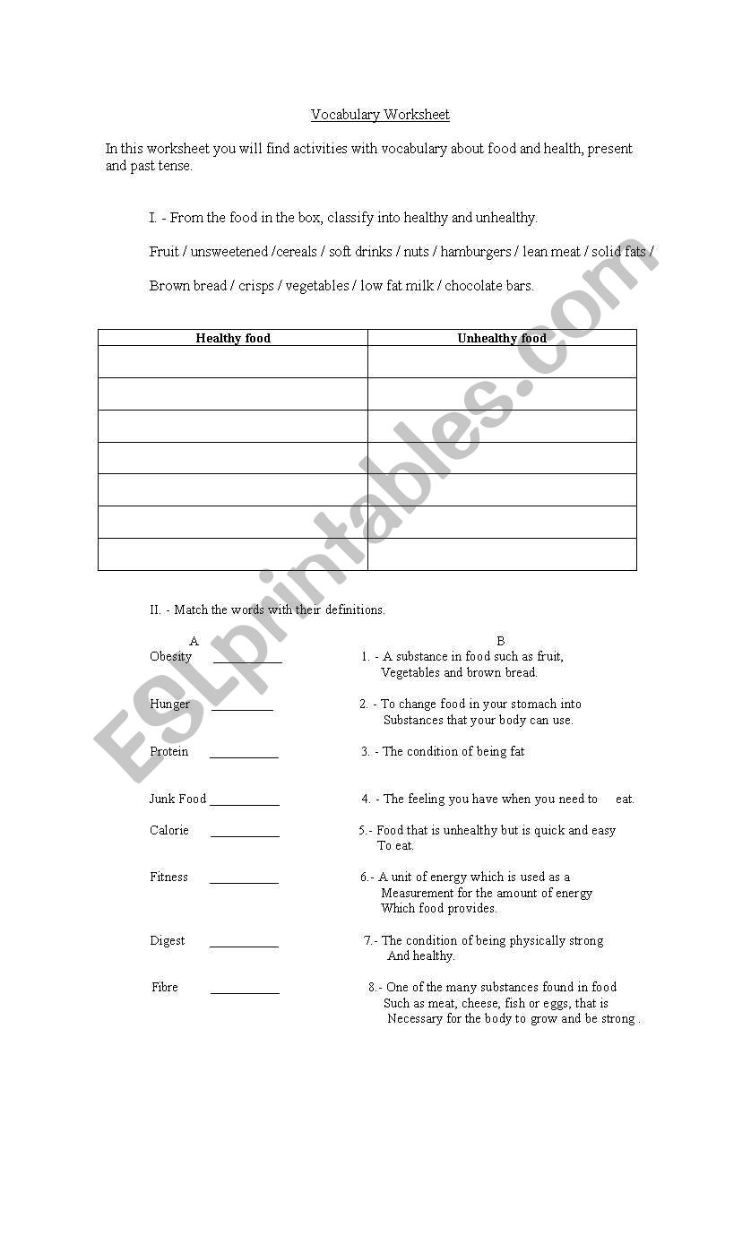 Healthy and Unhealthy food worksheet