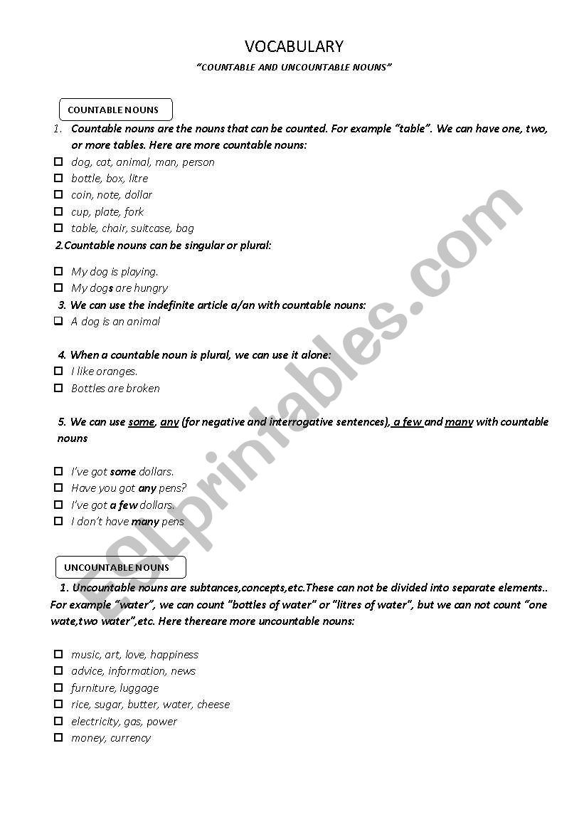 COUNTABLE AND UNCOUNTABLE NOUNS