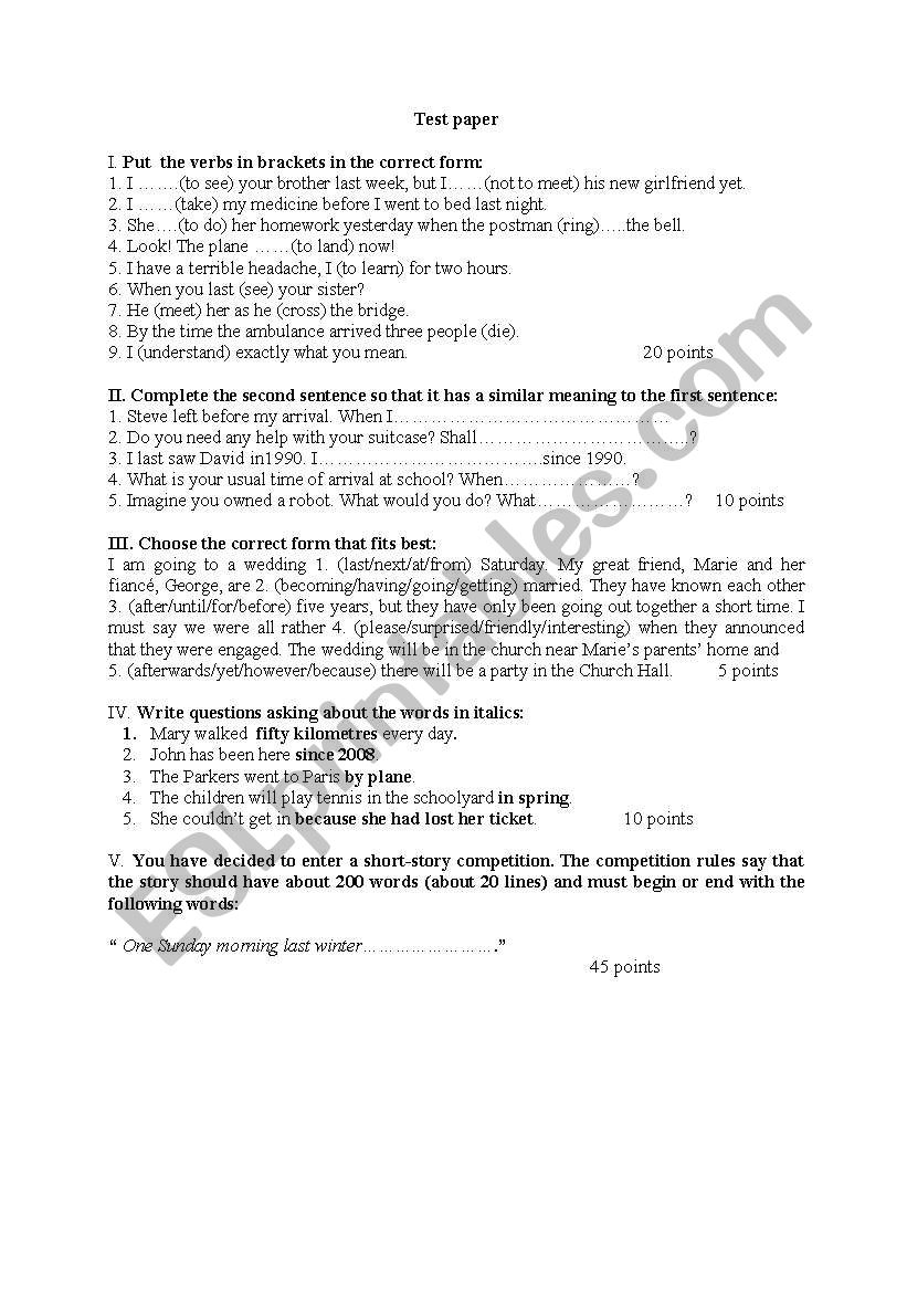 Test paper worksheet