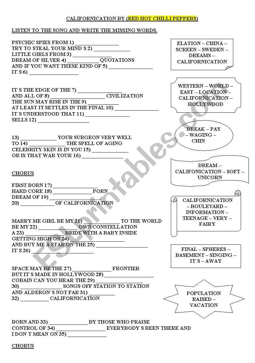 song by RED HOT CHILI PEPPERS worksheet