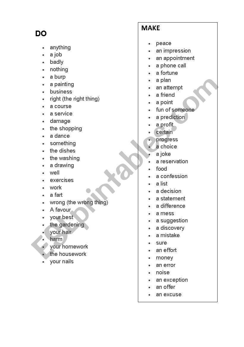 Make vs. Do worksheet