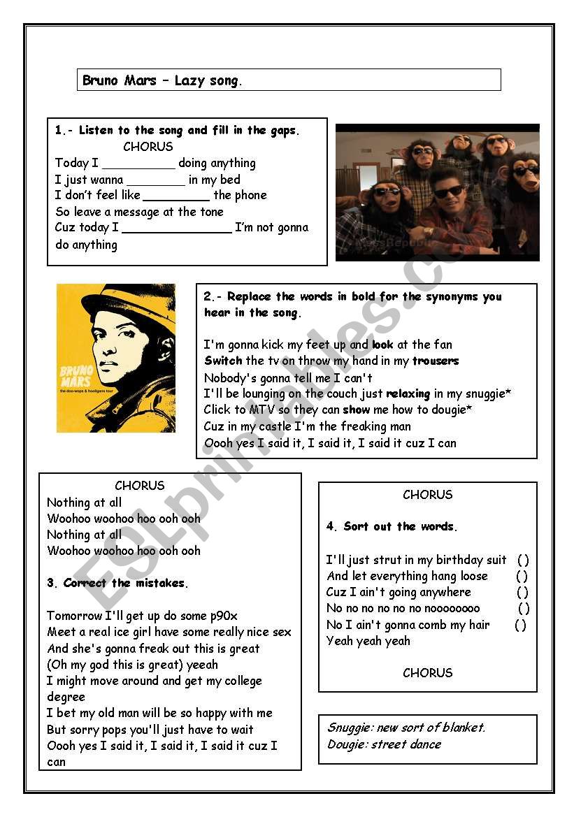 Bruno Mars The Lazy Song worksheet