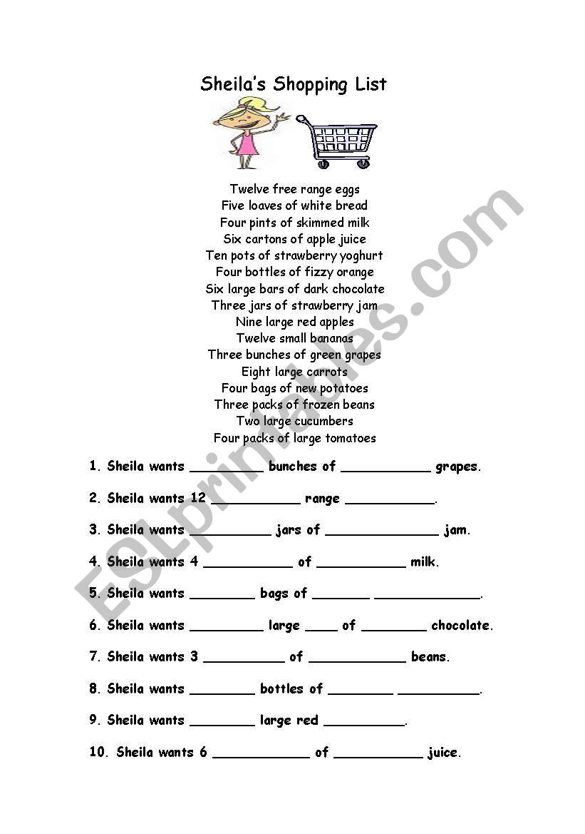 Sheilas Shopping List worksheet