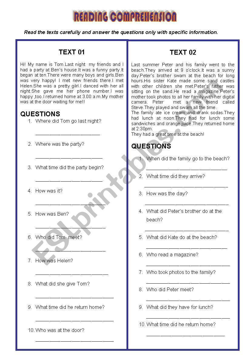 readings texts worksheet