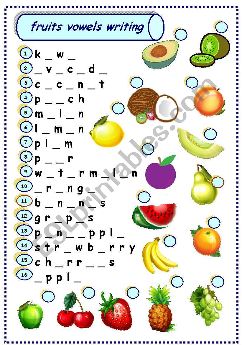 fruits vowels writing worksheet