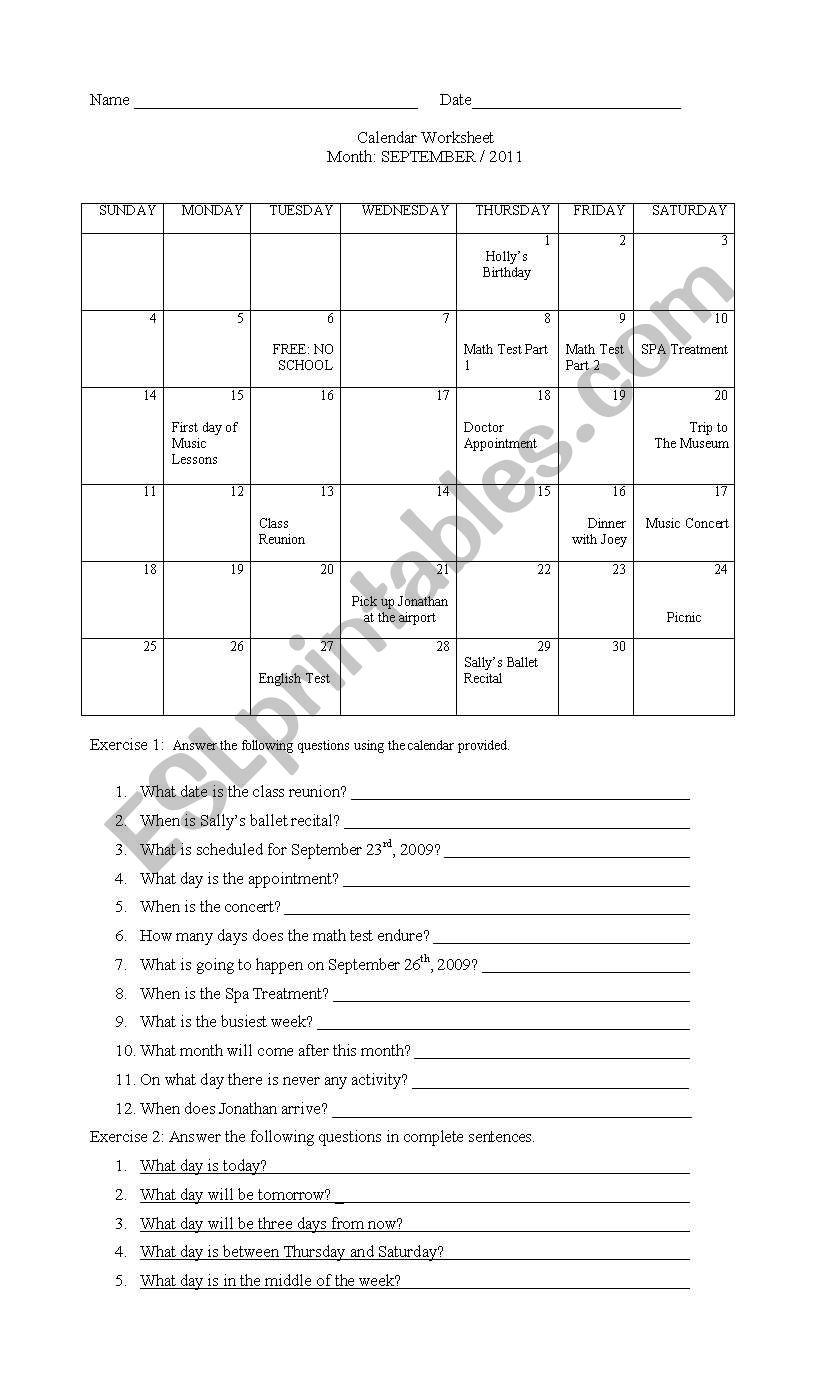 Calendar Worksheet worksheet