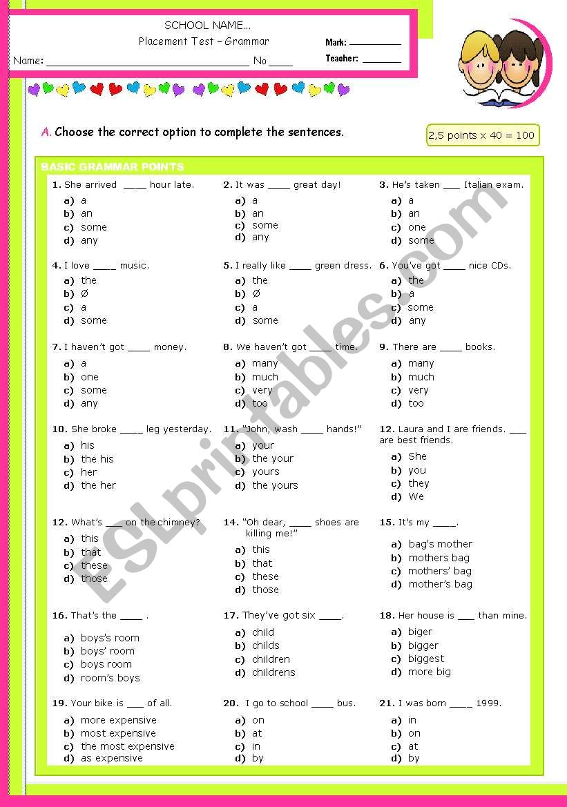 Placement Test for Upper Elementary/Lower Intermediate Students (A2 Level)  -  Grammar