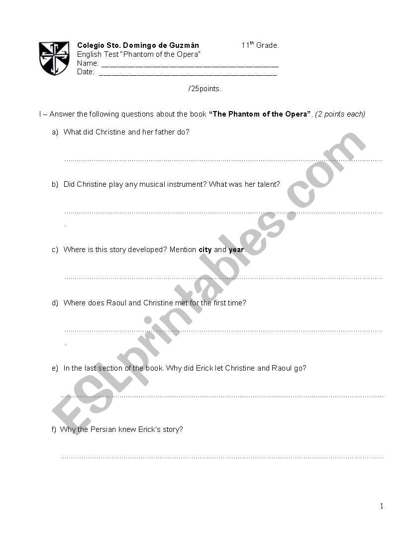 Phantom of the opera test worksheet