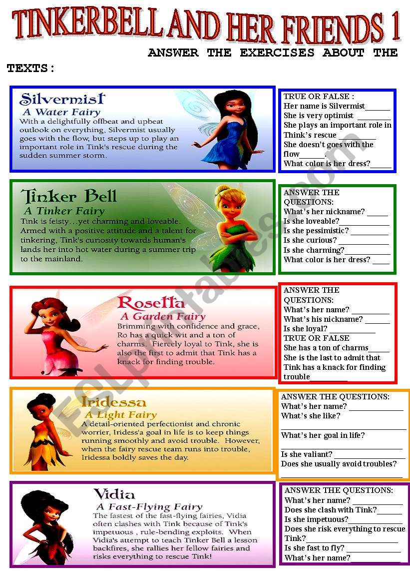 TINKERBELL AND HER FRIENDS 1 - ESL worksheet by my favorite worksheets