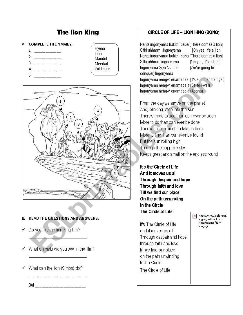 the lion king worksheet