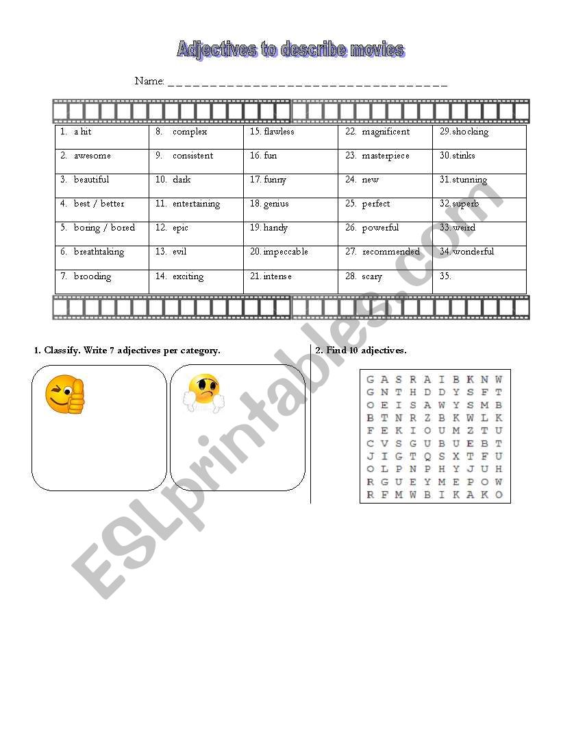 Adjectives for movies worksheet