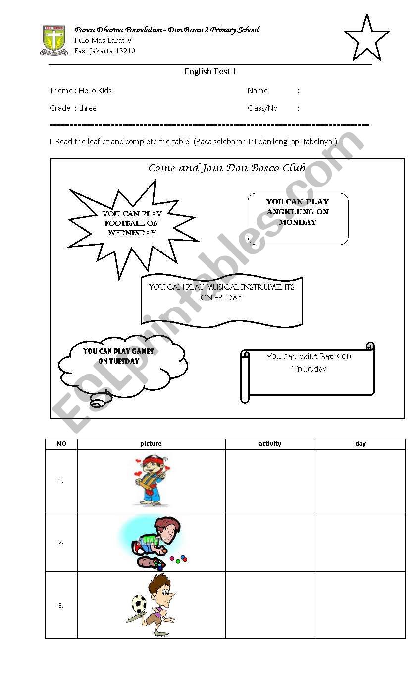 club activities worksheet