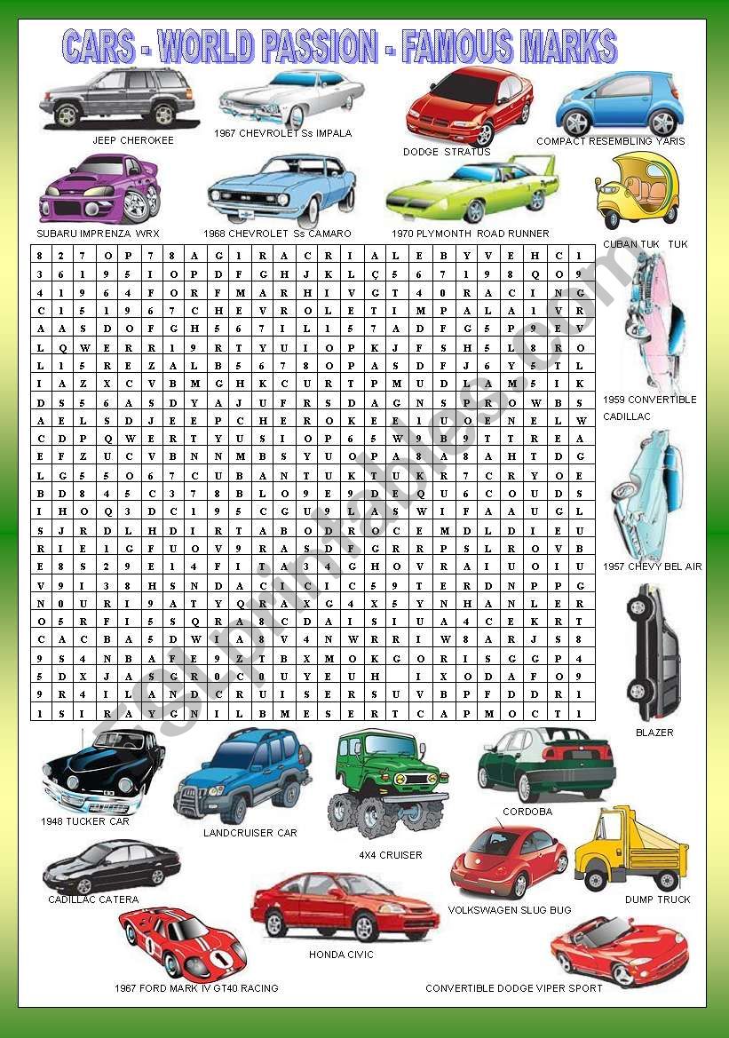 CARS WORDSEARCH + KEY worksheet