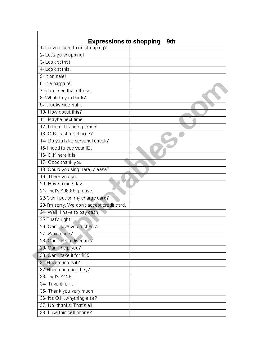 SHOPPING EXPRESSIONS worksheet