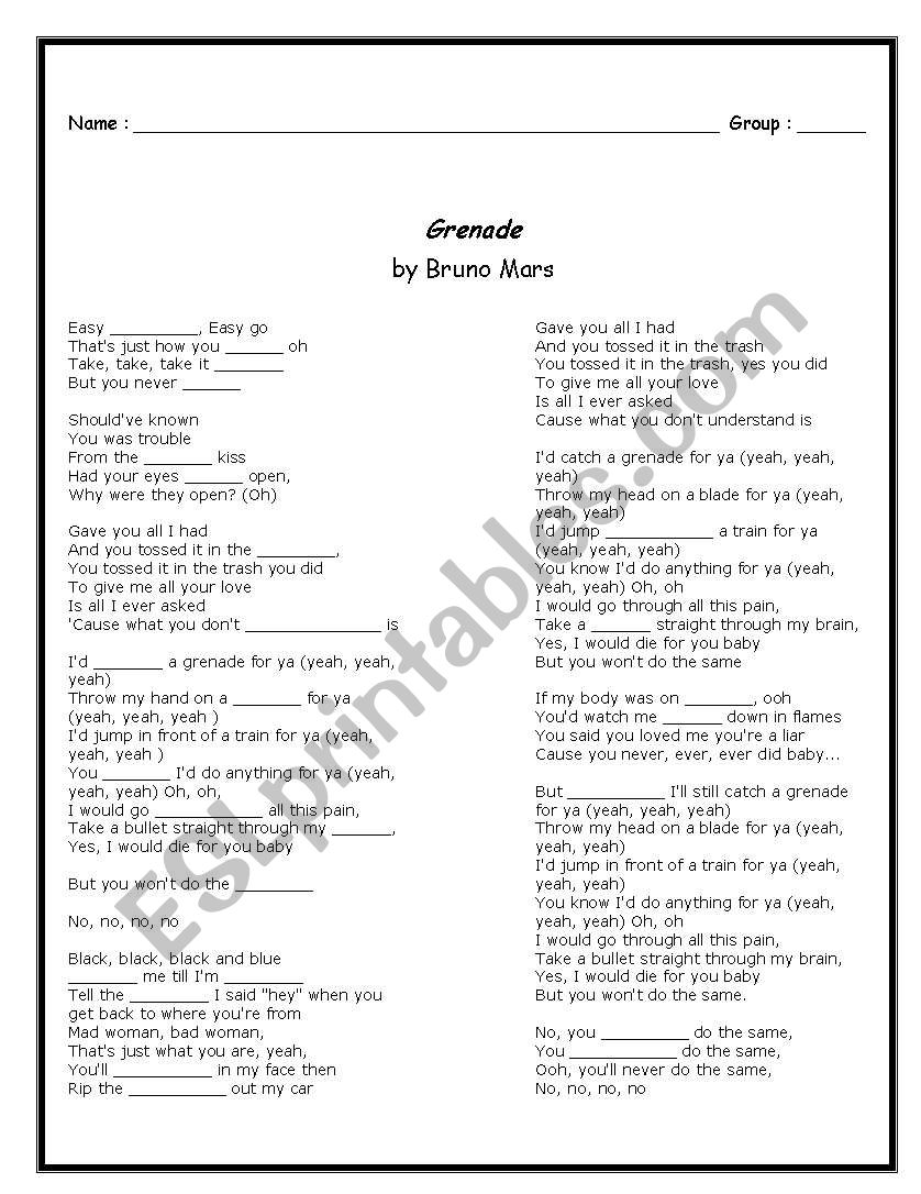 Grenade by Bruno Mars worksheet