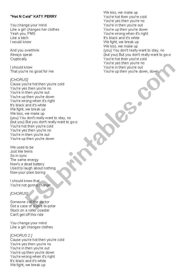 HOT AND COLD by katy perry worksheet