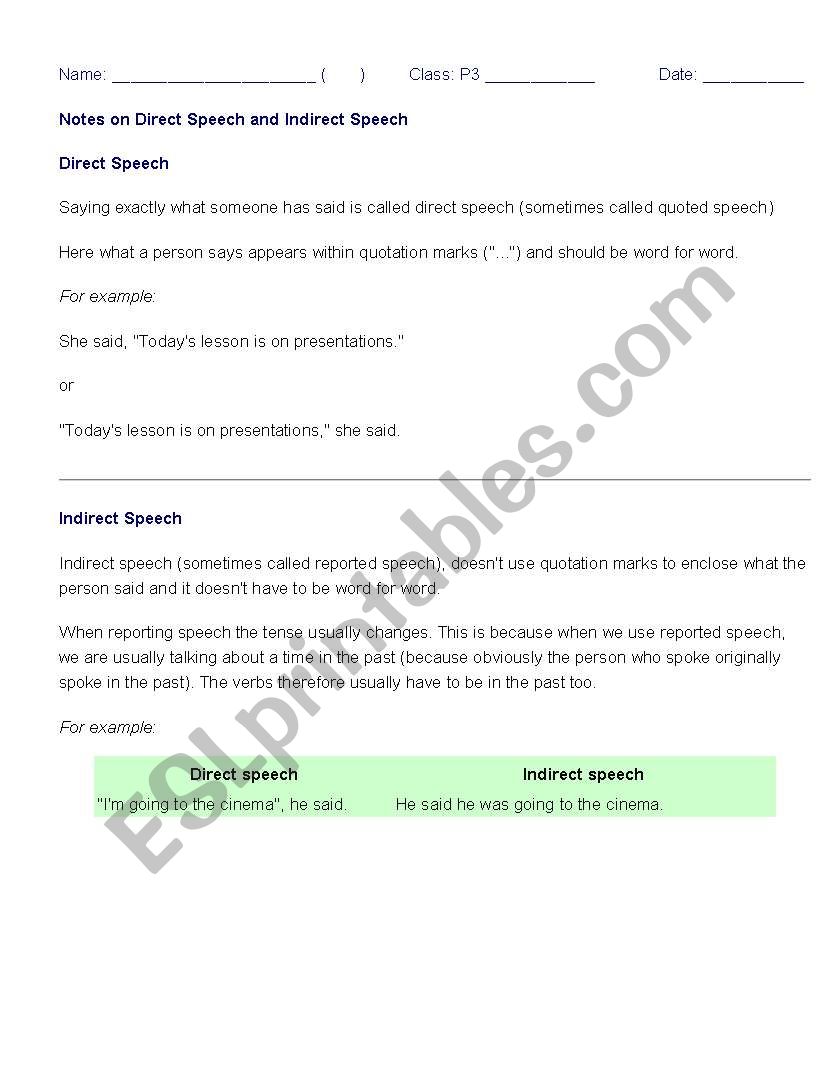 Notes on Reported Speech worksheet