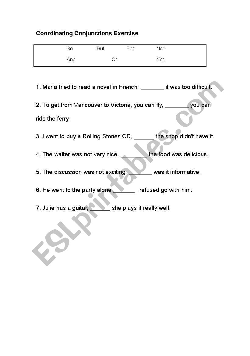 Cunjuntions exercise worksheet