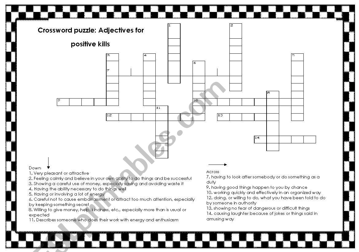 Criss-cross puzzle with adjectives for positive skills (with answer key)