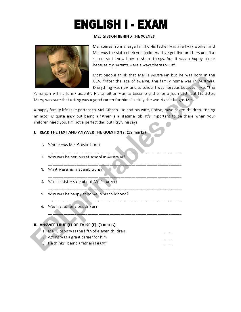 mel gibson worksheet