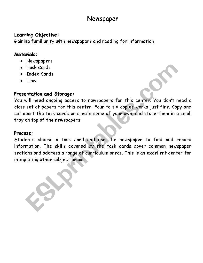 Newspaper Task Cards worksheet