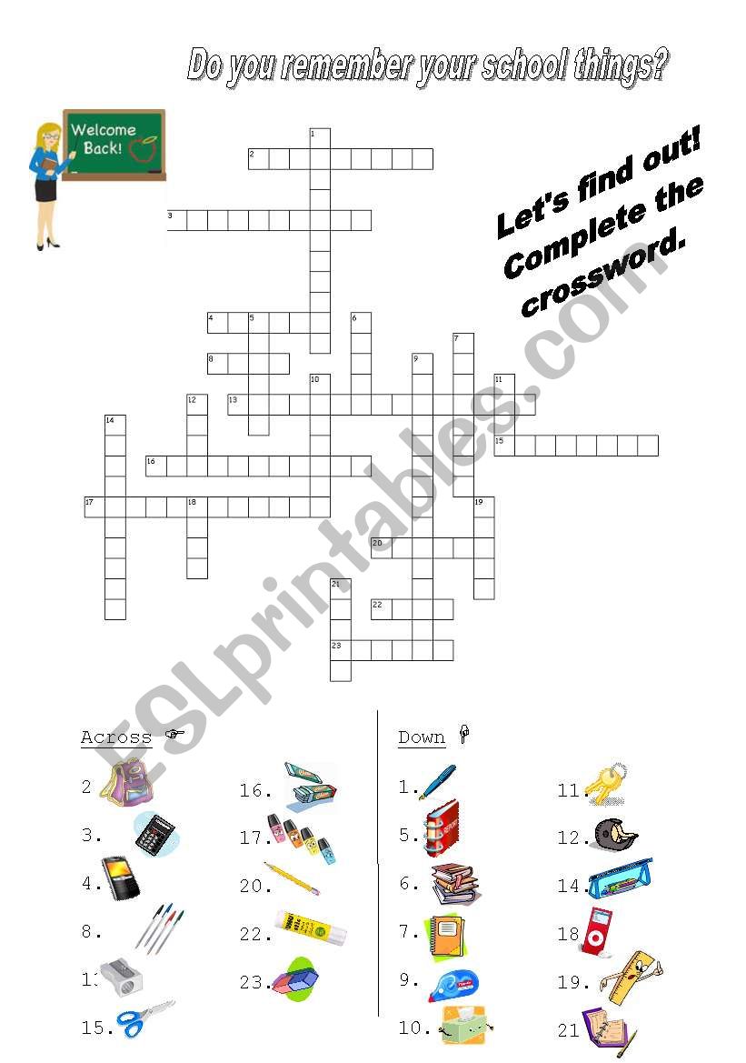 School things crosswords worksheet