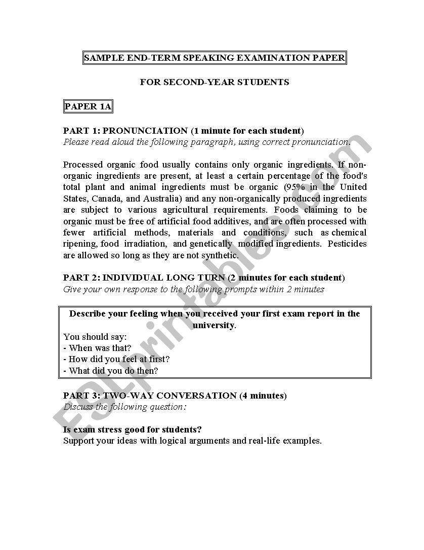 SAMPLE SPEAKING EXAMINATION PAPER
