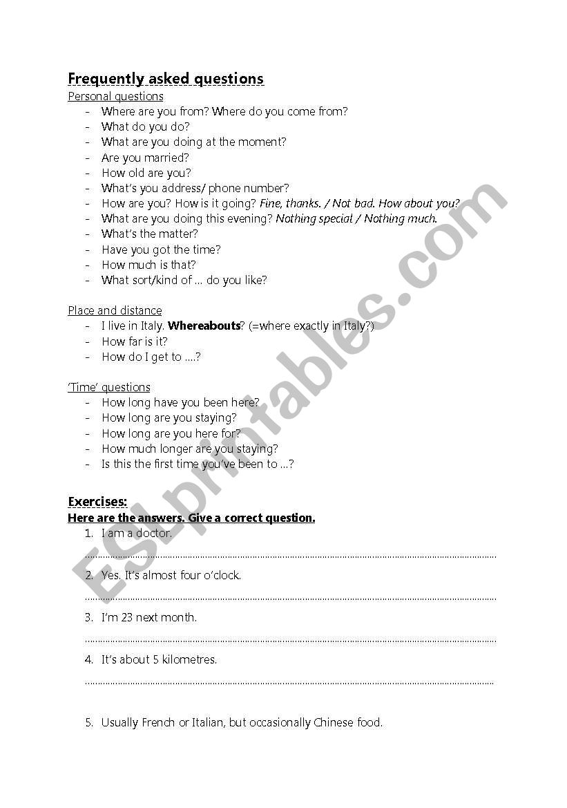 frequently asked questions worksheet