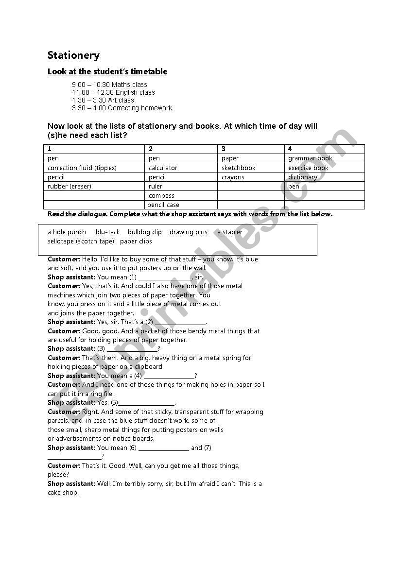 stationery worksheet